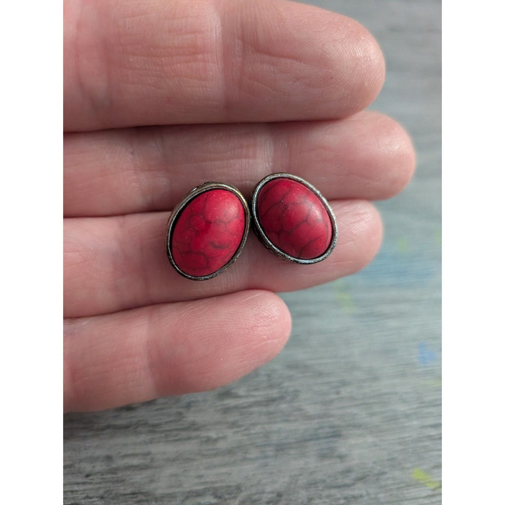 Red Faux Turquoise Oval Stud Earrings Antiqued Silver Tone Filigree Boho Western